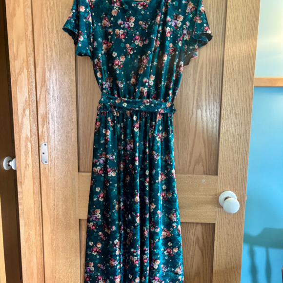 ModCloth Timeless Embrace Teal Floral Velvet Faux Wrap Dress Large - Picture 3 of 7